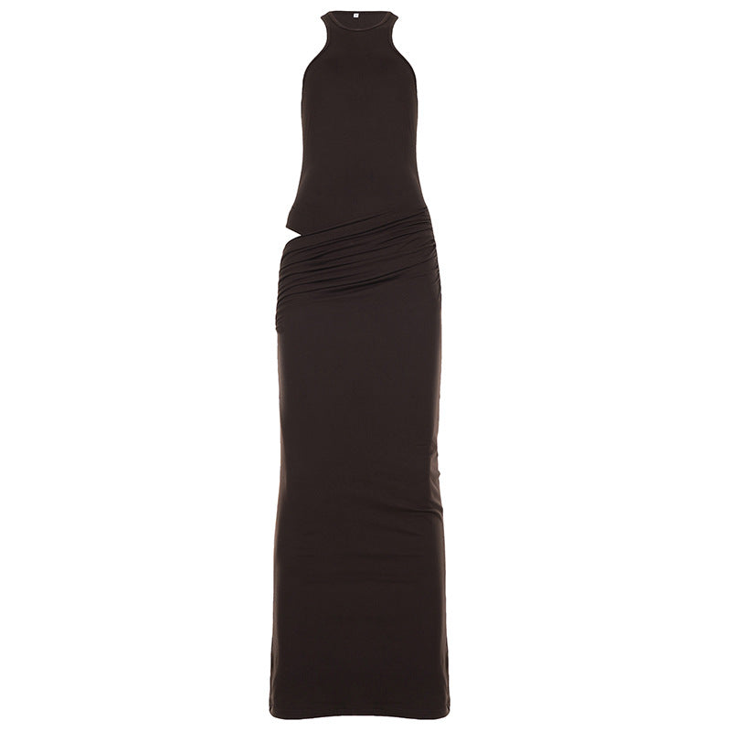 French Elegant Women Halter Dress Women Retro Cropped Outfit Hollow Out Cutout out Patchwork Maxi Dress
