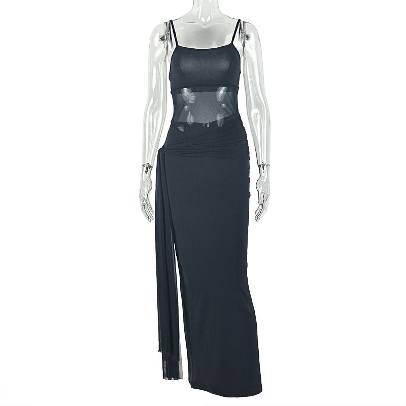 Women Clothing Solid Color Design Slightly Revealed Cropped Hip round Neck Slim Street Maxi Dress