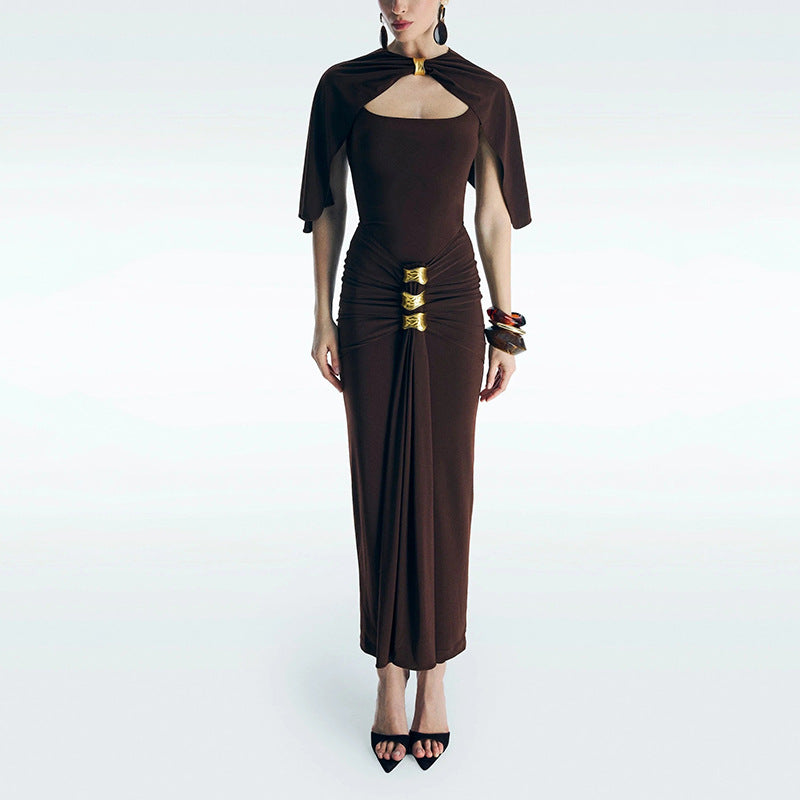 Elegant Lady Shawl Dress Summer Solid Color Stitching Metal Buckle Tight Waist Slim Hip Dress