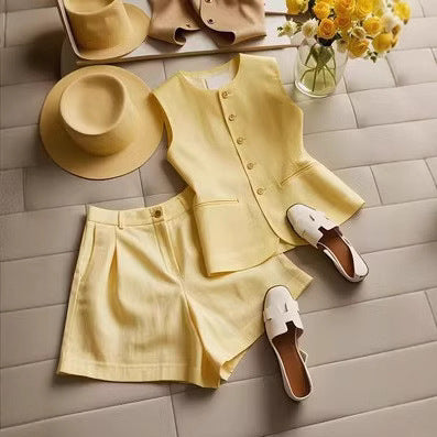 Women's Lemon Yellow Cotton Linen Tailored Vest