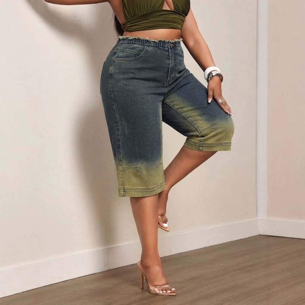 Women Mid Waist Wide Leg High Elastic Contrast Color Denim Pants Summer Loose All Match Cropped Pants