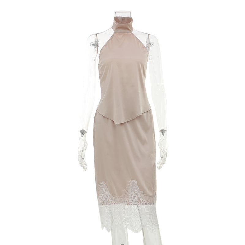 French Satin Champagne Slim Fit Sleeveless Top Low Waist Skirt Light Luxury Lady Twet Women