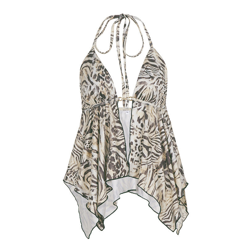 Sexy Women Clothing Leopard Print Ruffled Halter Spaghetti Straps Irregular Asymmetric Lace up a Swing Vest
