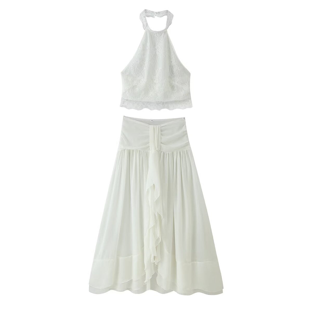 Women Clothing Summer Lace Ruffled Ribbon Skirt Set