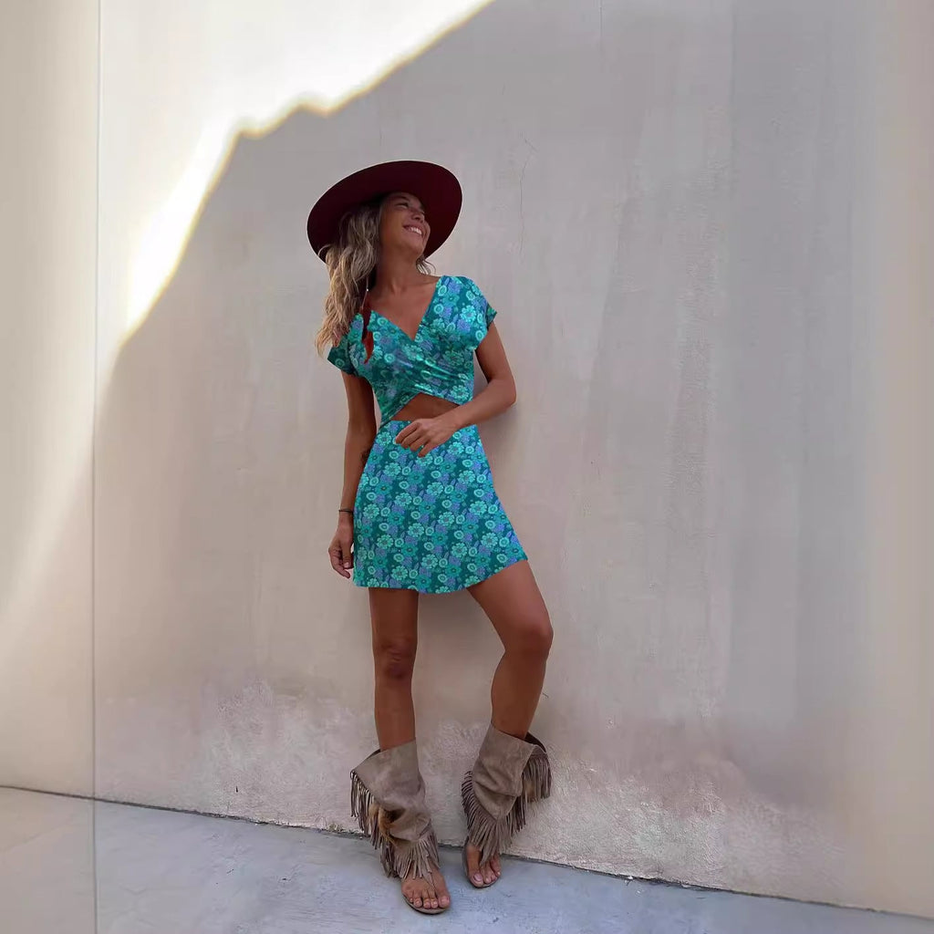 Summer Short Sleeve Two Sided Wear Printed Short Dress