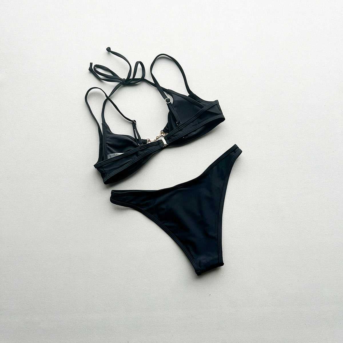 Minimalist Black Halter Tie-Strap Bikini Set for Vacation
