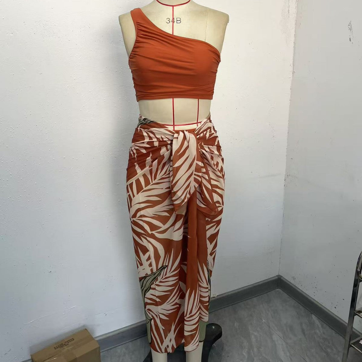 High Waist Ruched Bikini Set with Asymmetric Single Strap Design