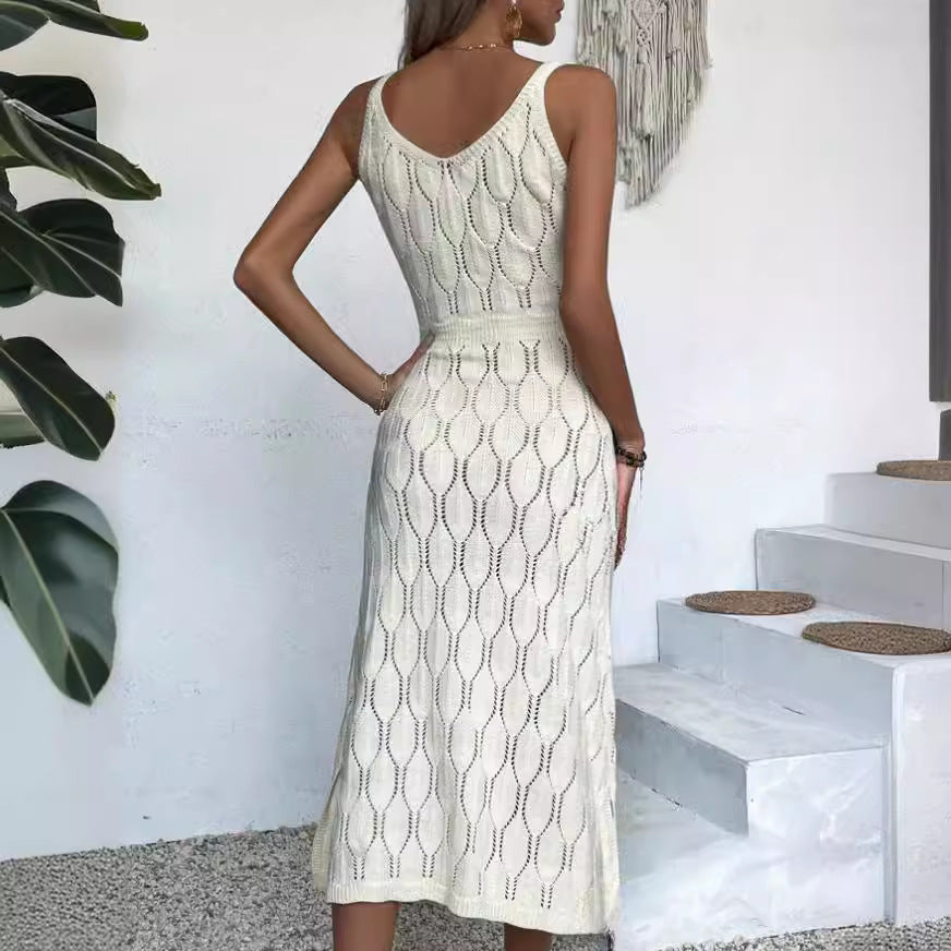 Spring Summer Sexy Hollow Out Cutout out See through Vacation Solid Color Backless Knitted Dress for Women