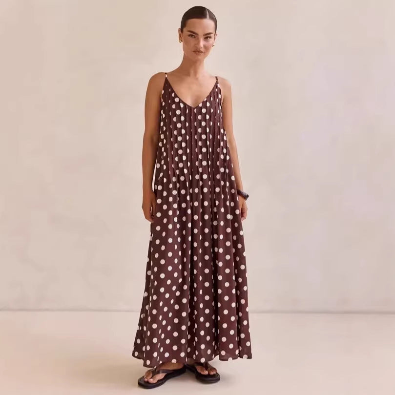 Spring Summer Dress Polka Dot Printed V neck Loose Big Hem Casual Dress