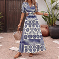 Beach Maxi Dress Summer Retro Blue White Hollow Out Cutout out Tied Short Sleeve Dress