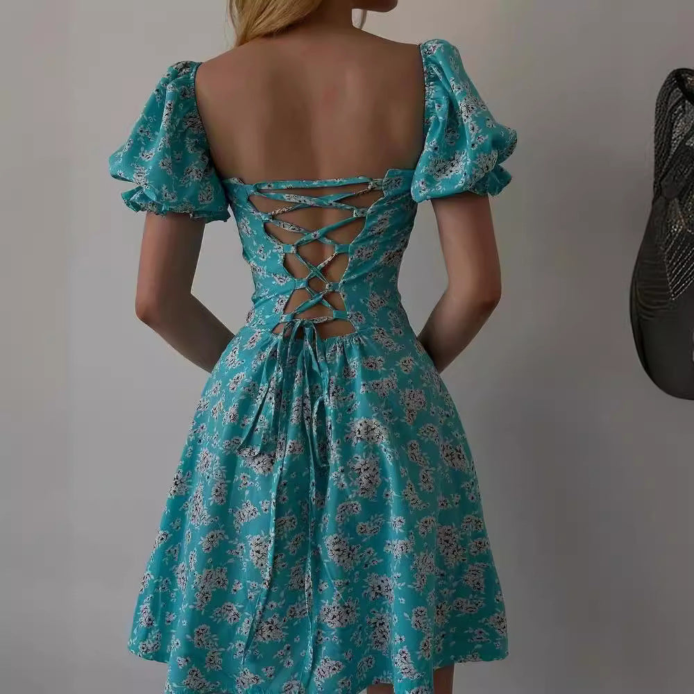 Spring Summer Wear Women Clothing Lace up Vintage Floral High Waist Puff Sleeve French Dress