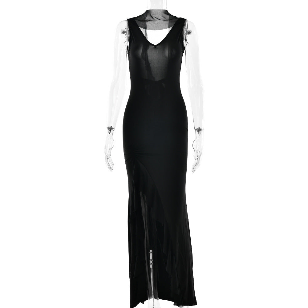 Summer Elegant Ribbon Women Dress Sexy Backless High Slit Ruffled Slim Dress