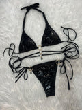 Crystal Diamond Triangle Bikini Set with Halter Strap & Ring Detail