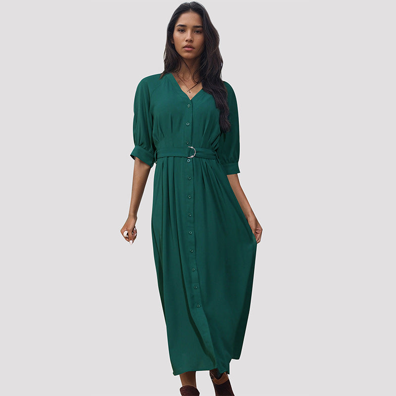 Summer Women Middle Sleeve Green Dress with Belt