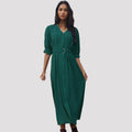 Summer Women Middle Sleeve Green Dress with Belt