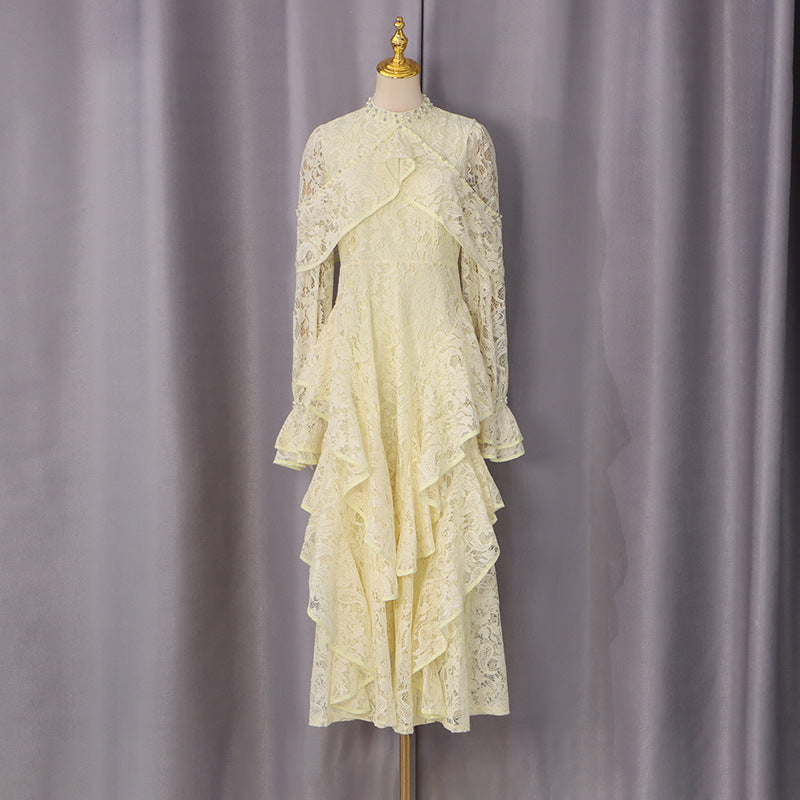 Summer Elegant Retro Cocktail Beaded Lace Bell Sleeve Dress Women