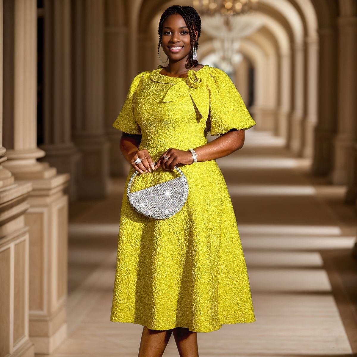 Jacquard Fabric Floral Dress African A line Dress