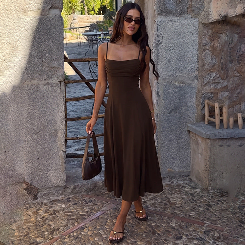 Women Clothing Summer Suspender Pleated off Neck Cinched Swing Dress Fashionable Elegant Dress