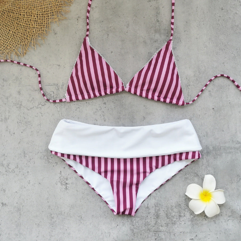Pink & White Striped Backless High Waist Bikini Halter Swimsuit