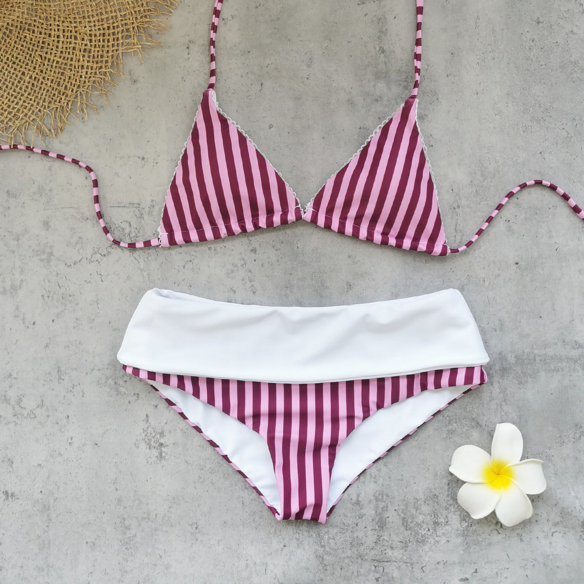 Pink & White Striped Backless High Waist Bikini Halter Swimsuit