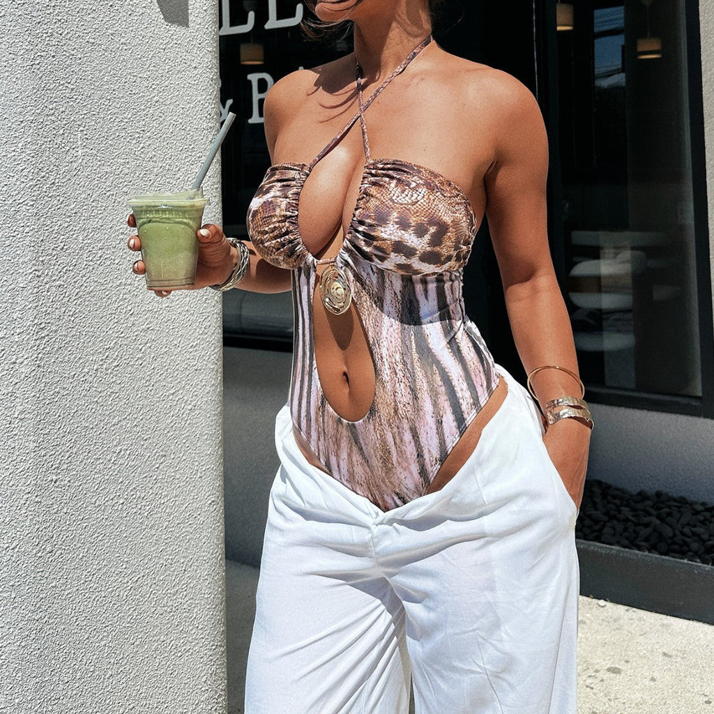 Leopard Print Cutout Halter One Piece Swimsuit - Boho Vacation
