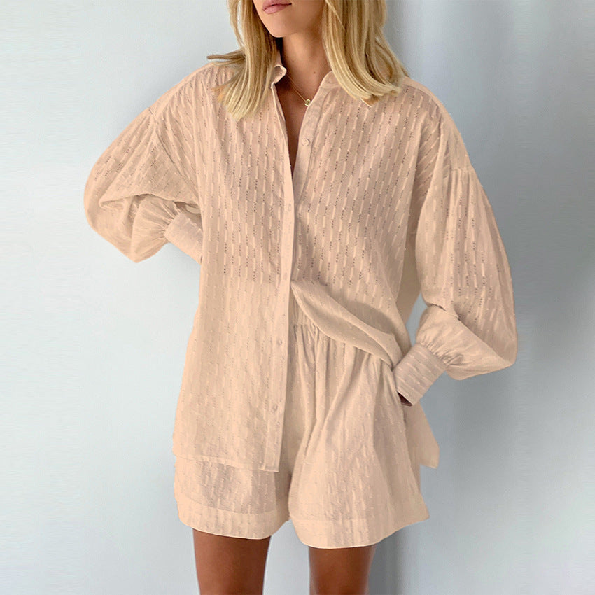 Summer French White Jacquard Cotton Puff Sleeve Casual Shorts Set Ladies Homewear Cool Pajamas