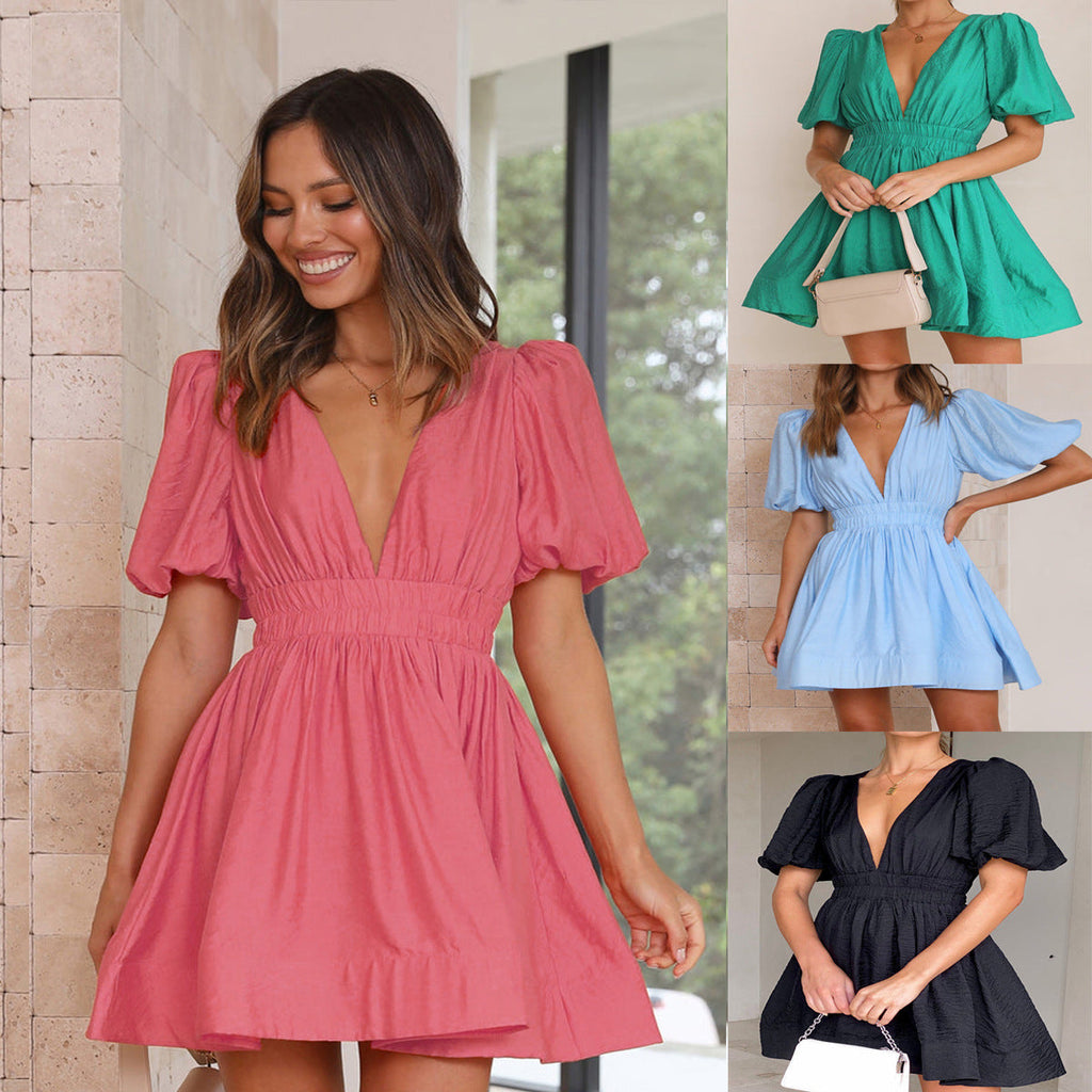 dress Sexy V neck Lantern Sleeve Waist-Tight Princess Dress Women Short Sleeve Dress
