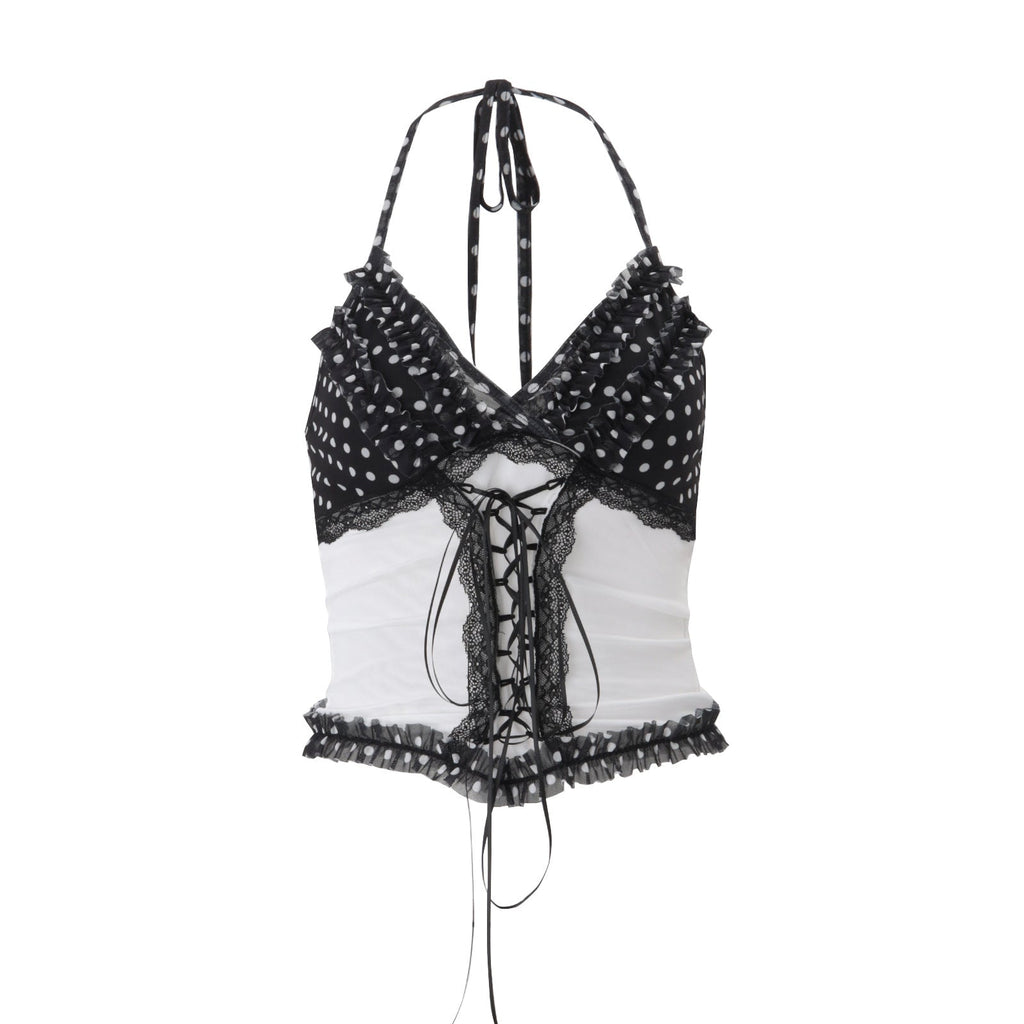 Women Clothing Summer Sexy Lace Slim Fit Patchwork Contrast Color Halter Backless Top