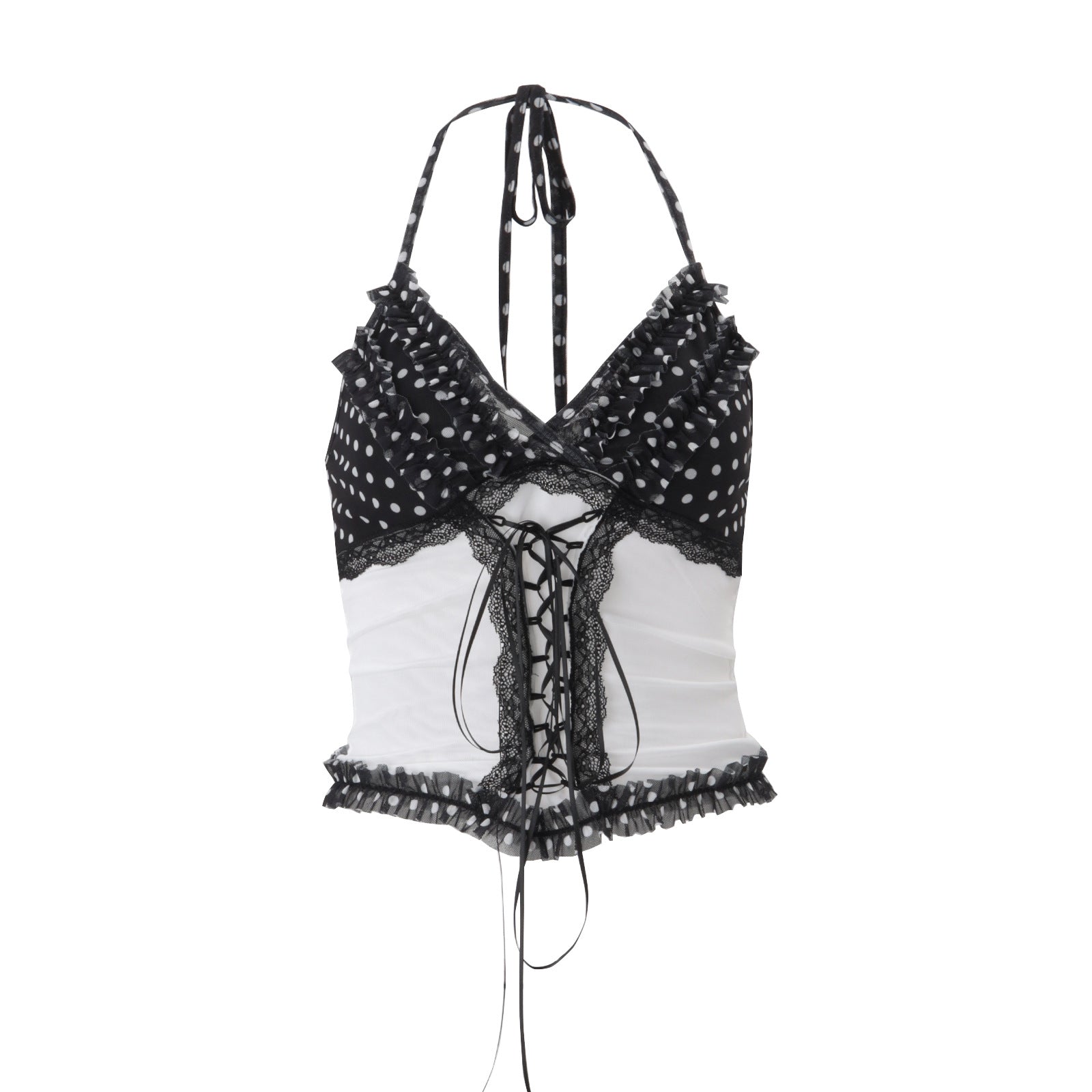 Women Clothing Summer Sexy Lace Slim Fit Patchwork Contrast Color Halter Backless Top