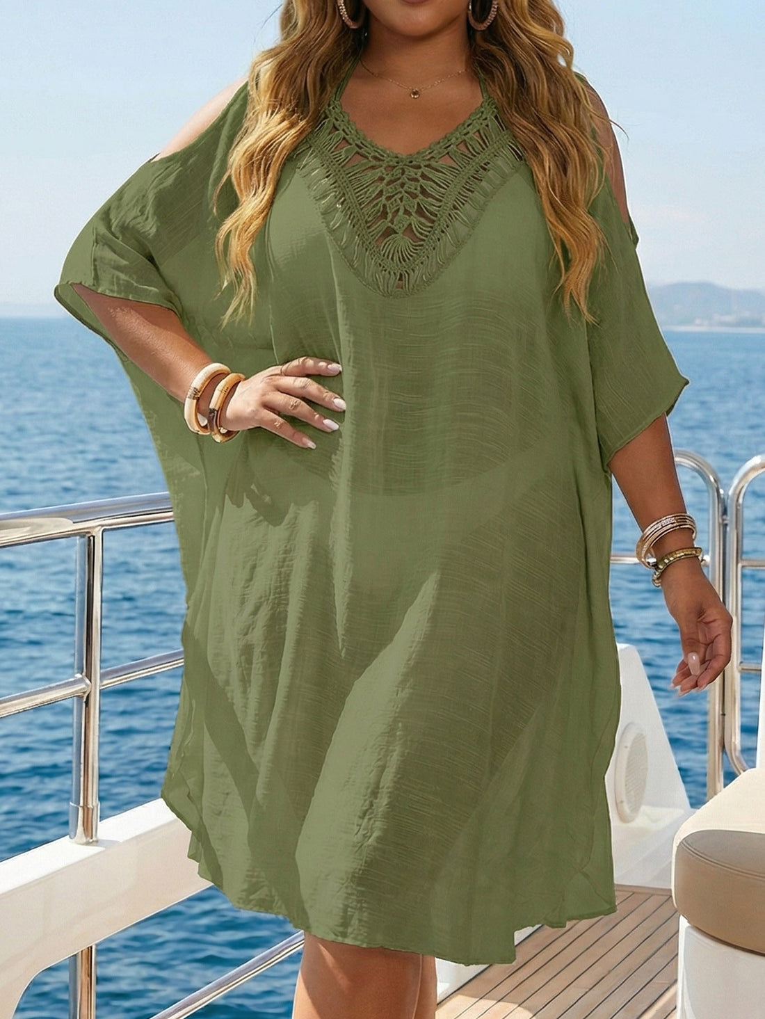 Boho Backless Off-Shoulder Tie-Front Crochet Beach Cover-Up Dress