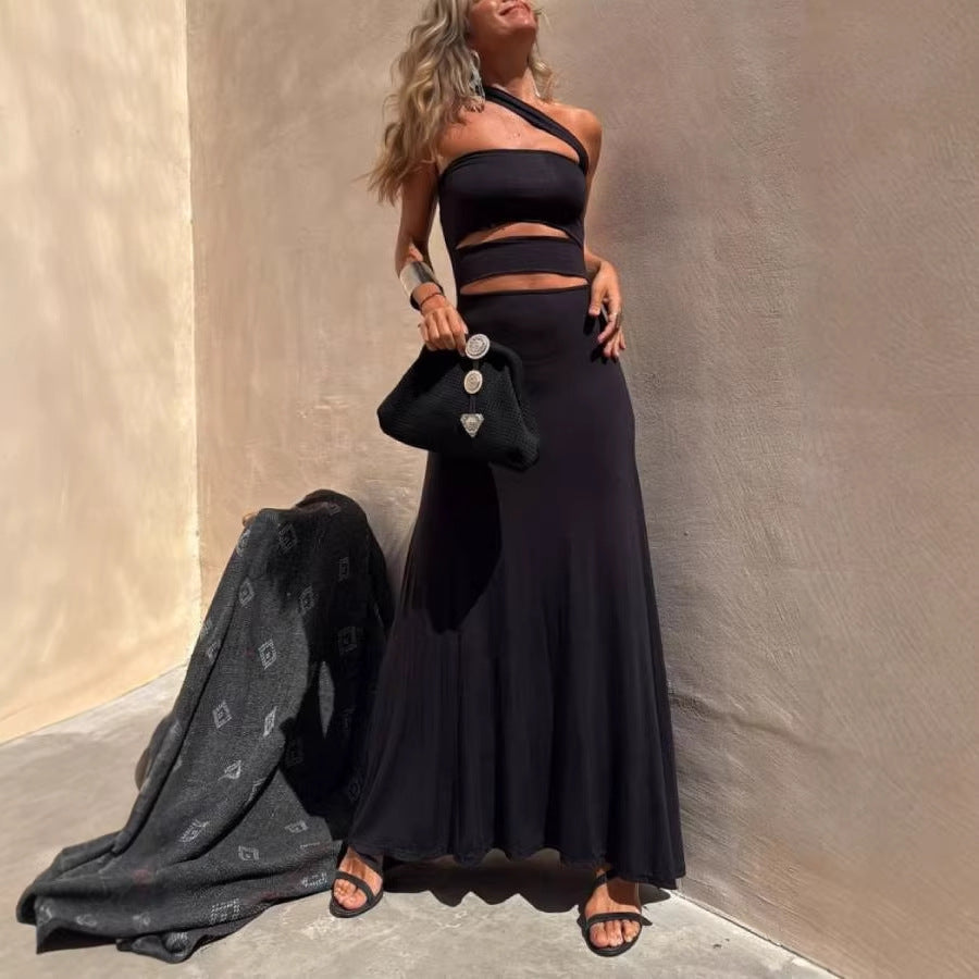 Summer One Shoulder Diagonal Collar Waist Baring Dress Sexy Party Dress