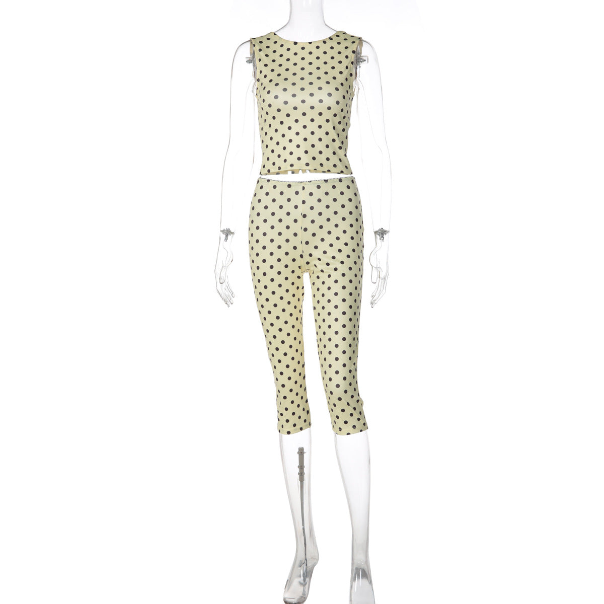Summer Women Clothing Polka Dot Sleeveless Backless Top Slim Cropped Pants Two Piece Set