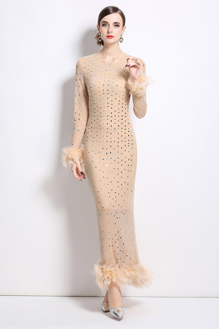 Women's Rhinestone Feather Maxi Party Dress - Bodycon Long Sleeve