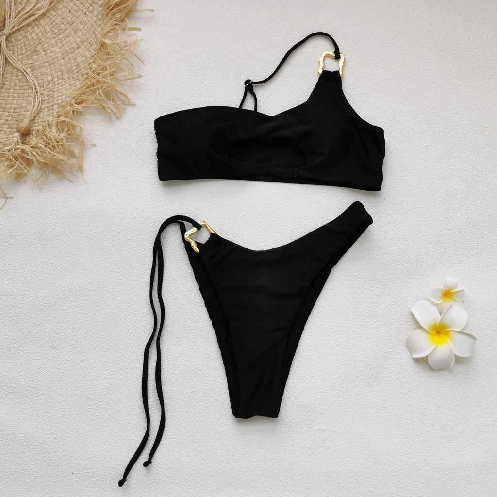 Black Asymmetric Cutout One-Shoulder Bikini Set