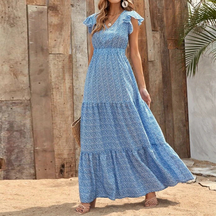 Women Clothing Summer Bohemian V-neck High Waist Print Vacation Dress Stitching Floral Dress