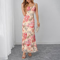 Summer Mesh Printing Slip Dress Sexy Sexy Backless Waist Trimming Vacation Maxi Dress