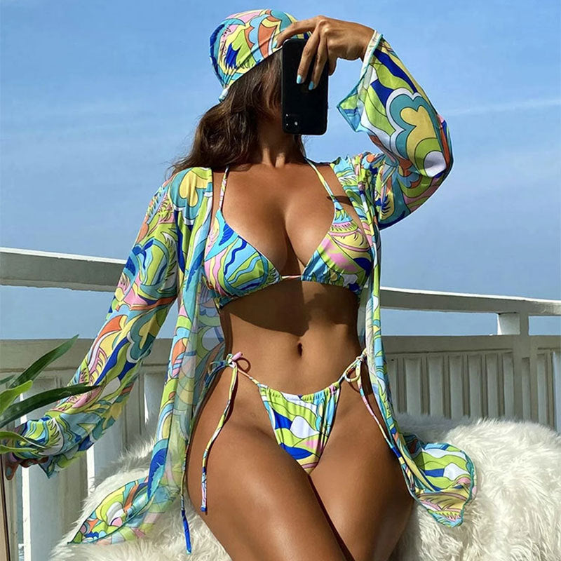 Boho Floral Halter Swimsuit 3-Piece Set with Mesh Cover-Up