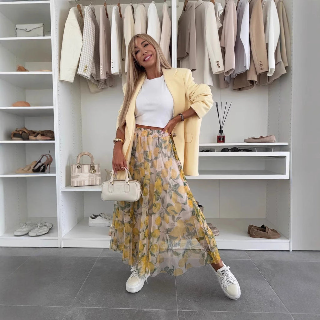 Lemon Print Mesh Oversized Swing Skirt - Vacation Maxi Skirt