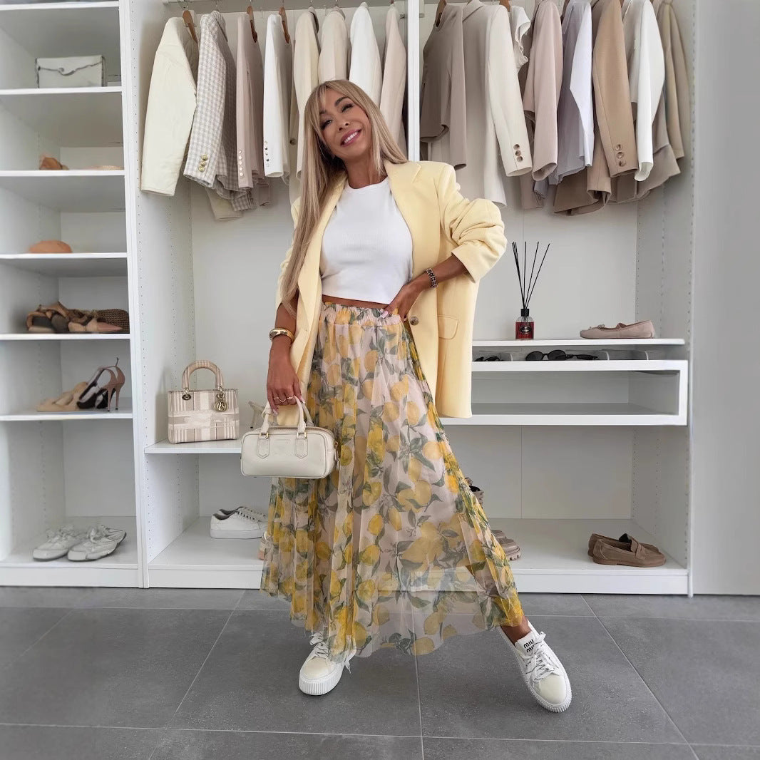 Lemon Print Mesh Oversized Swing Skirt - Vacation Maxi Skirt
