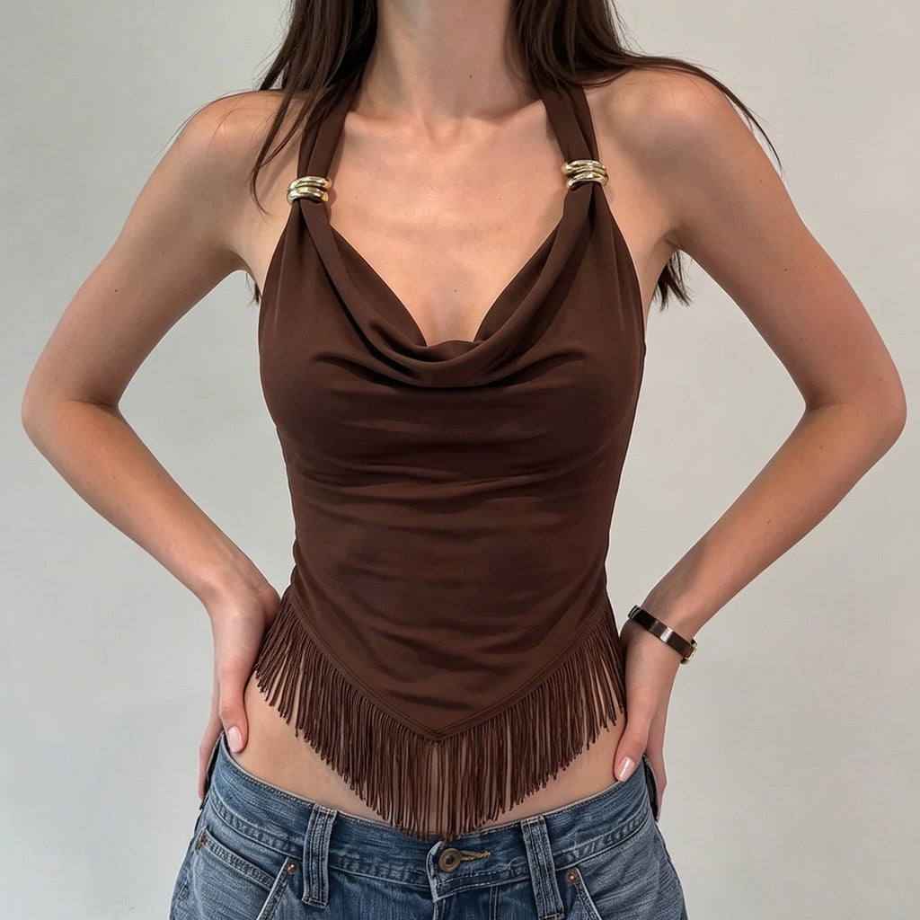 Retro Metal Ring Swing Collar Halter Spaghetti Straps Tassel Slim Fit Patchwork Sexy Vest