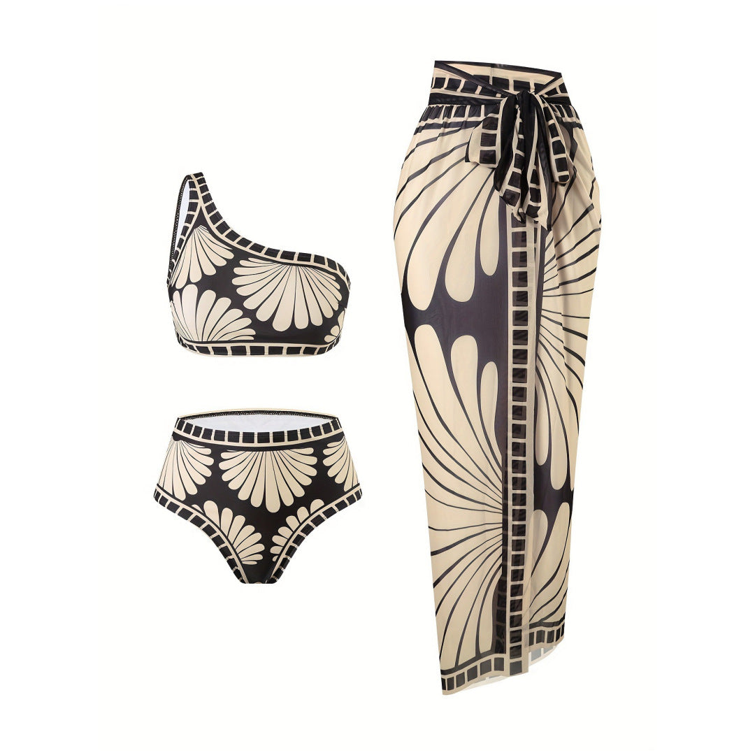 Geometric Print Asymmetric Oblique Shoulder Three-Piece Swimsuit
