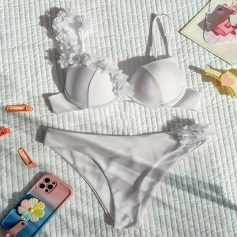 Floral Print Sexy Bikini Swimsuit with Asymmetric 3D Details