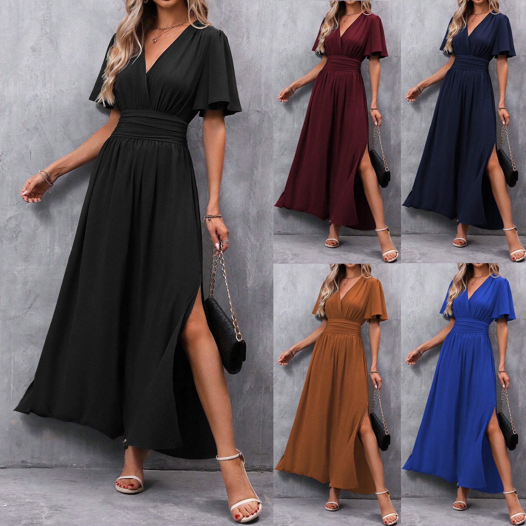 Elegant A-Line Split Dress in Solid Colors for Women