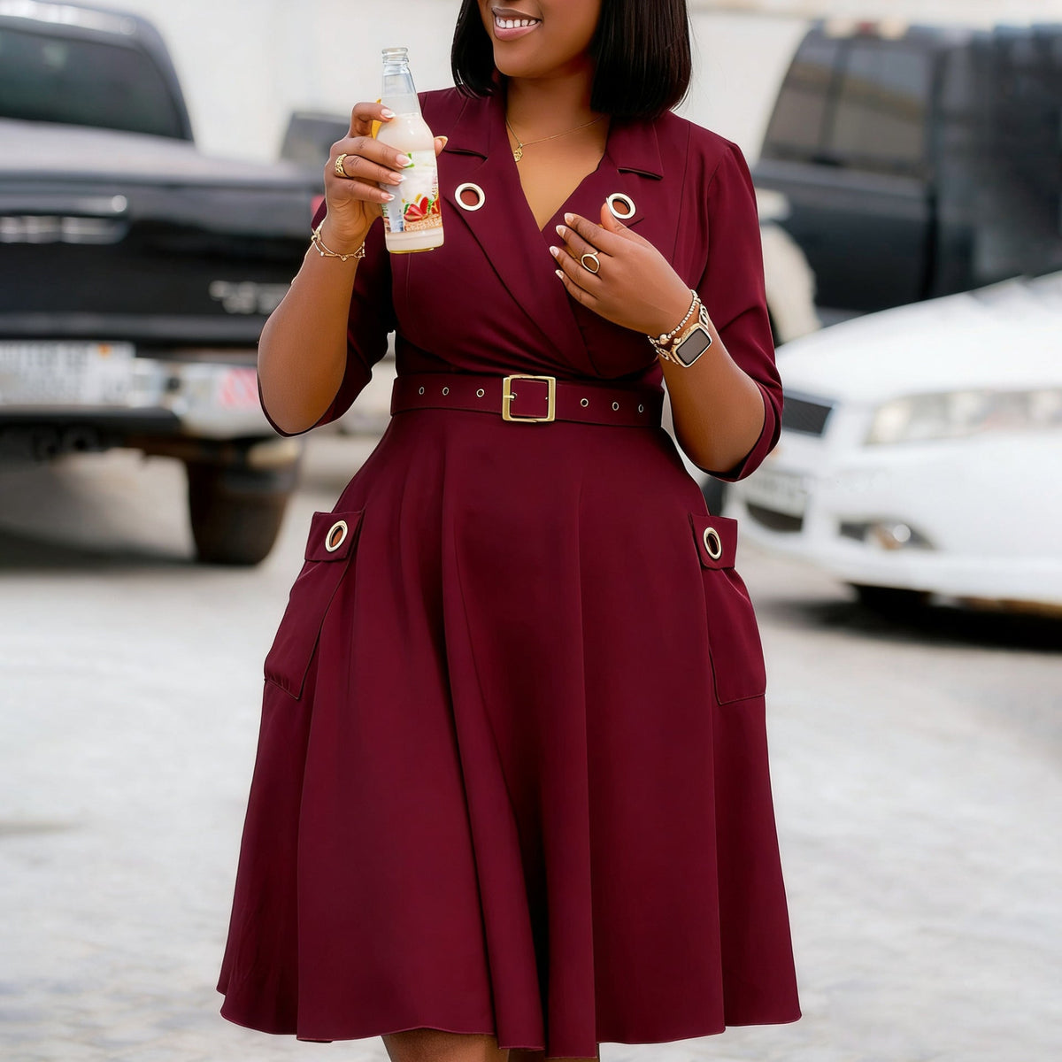 Winter Sexy Elegant Collared Waist Tight Business Dress Graceful Fashionable Solid Color Dress
