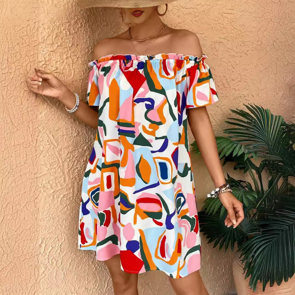 Summer Elegant Ladies Tropical Printing off the Shoulder Dress