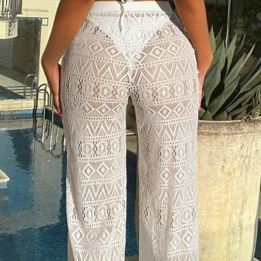 Women Mesh Plaid Beach Pants Sexy Tulle See-Through Boho Bottoms