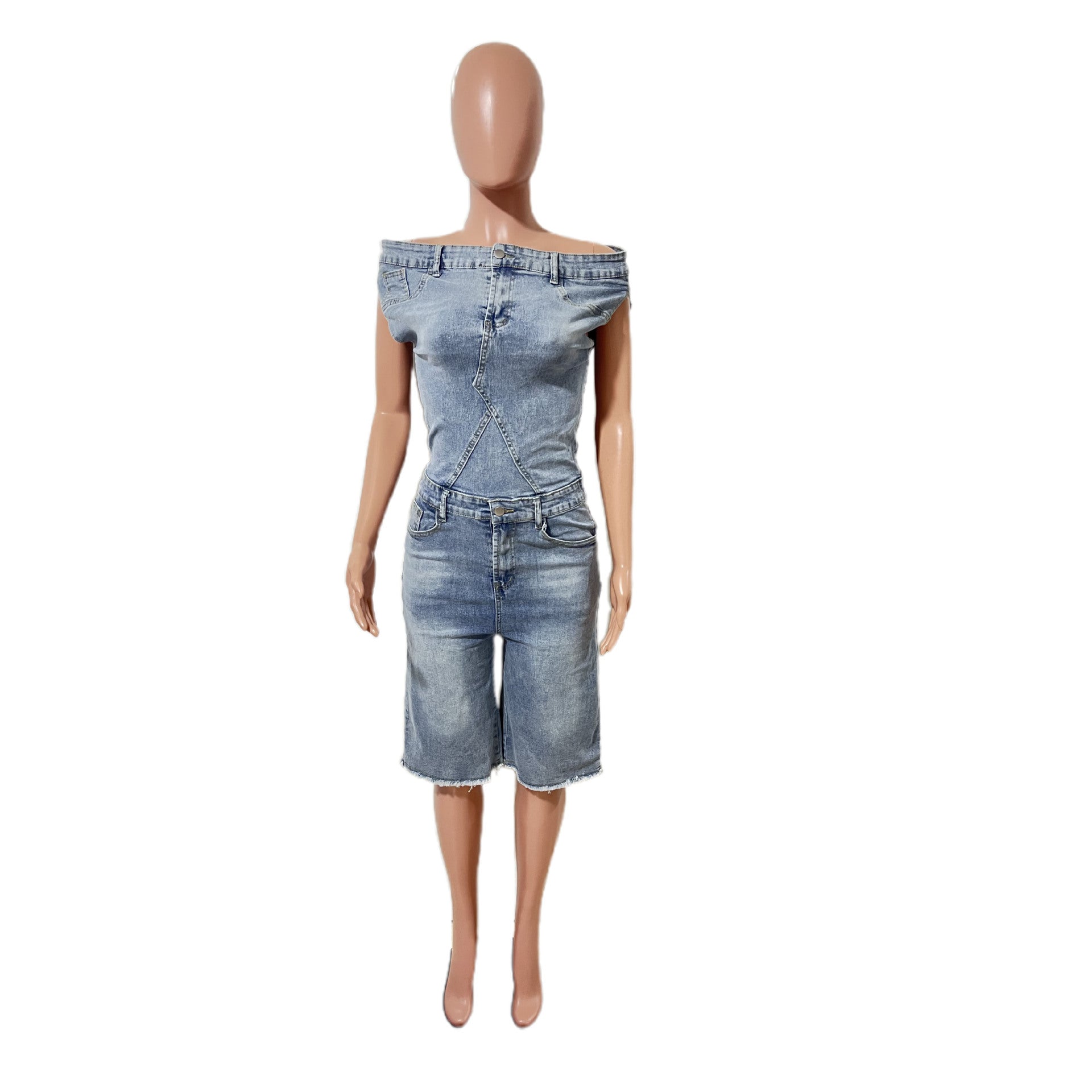 Women's Off-Shoulder Denim Romper | Sleeveless Bermuda Shorts