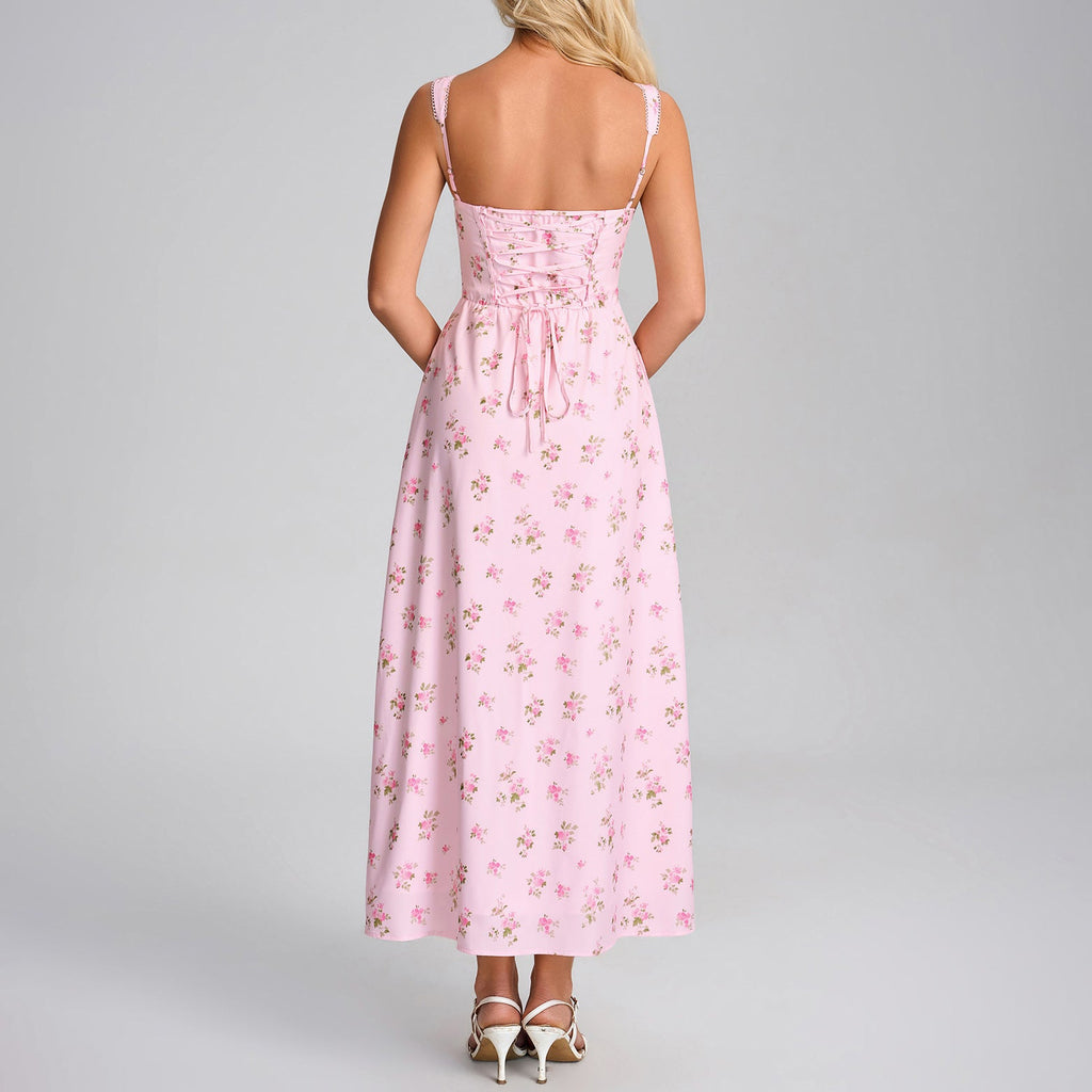 Summer Printing Slip Dress Sexy Square Collar Backless Lace up Slim Vacation Dress