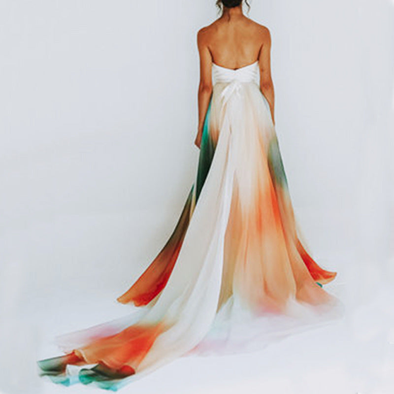Multi Color Rainbow Women One Piece Lace up Single Layer Classical Dance Half Length Large Swing Dress