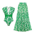 Green Floral Two-Piece Swimsuit with Ruched Cutout Detail